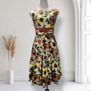 Vintage 50s Sequin Floral Fit & Flare Dress Size 0 Boat Neck Yellow Brown Formal
